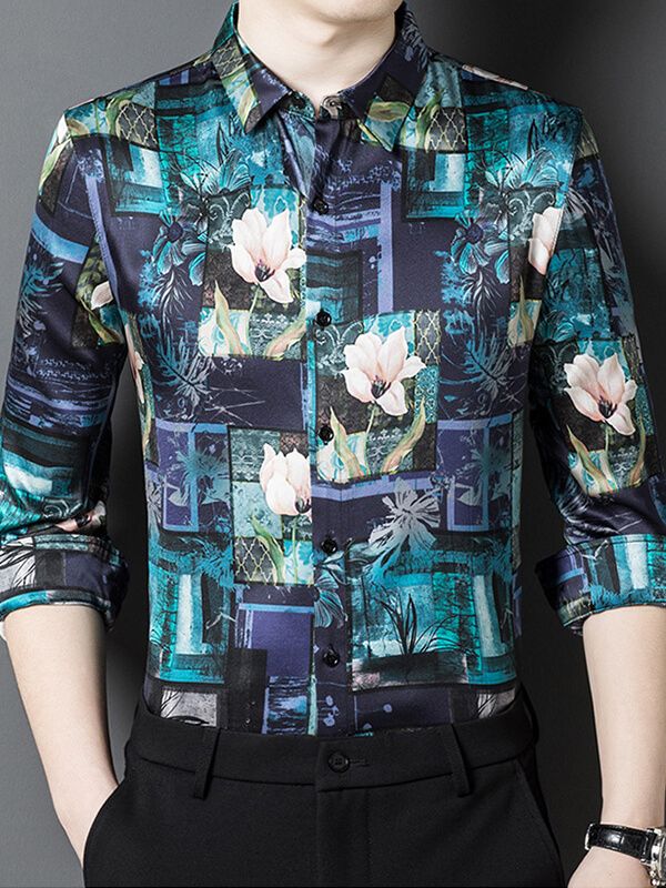 (image for) Turquoise & Midnight Blue Pink Blossoms Floral Mosaic Silk Shirt