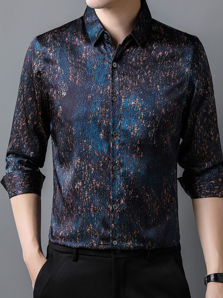 (image for) Men's Blue and Black Abstract Pattern Long Sleeve Silk Shirt