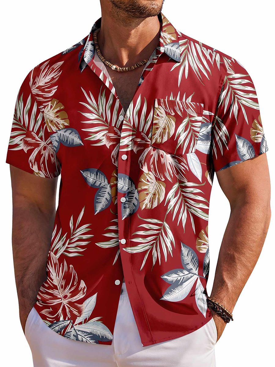 (image for) Men's Tropical Leaf Burgundy Short Sleeve Button Down Silk Hawaiian Shirt