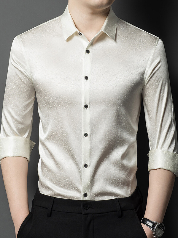 (image for) Men's Long Sleeve Button Front Subtle Jacquard Silk Dress Shirt