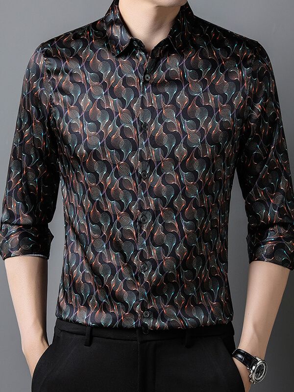 (image for) Men's Long Sleeve Black Wave Print Silk Dress Shirt