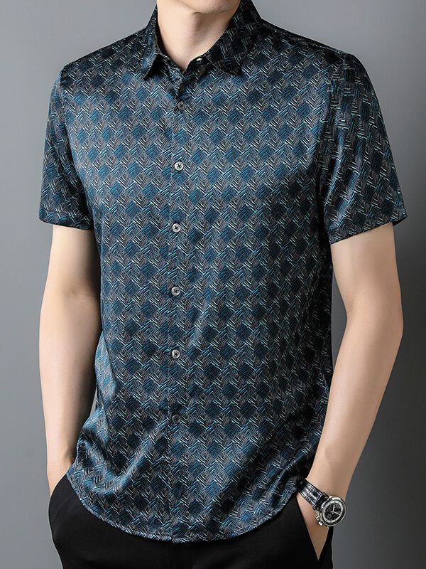 (image for) Men's Short Sleeve Geometric Print Teal Blue Silk Dress Shirt