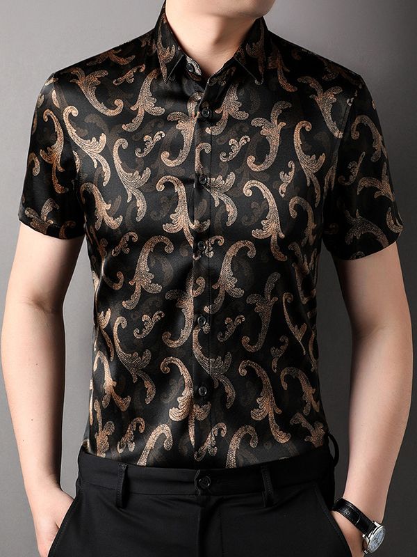 (image for) Men's Black and Gold Paisley Short Sleeve Silk Dress Shirt