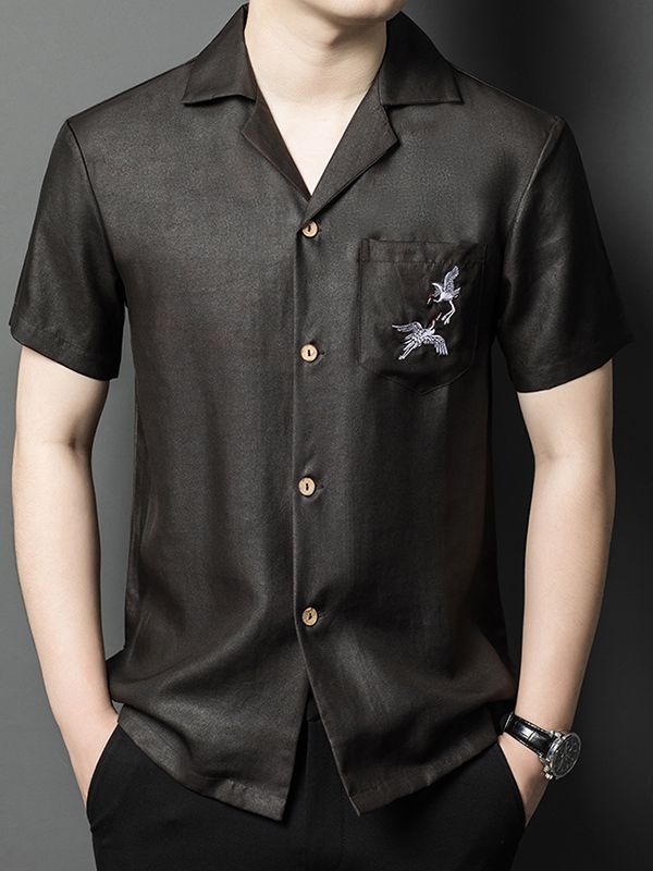 (image for) Men's Black Silk Camp Collar Shirt with Embroidered Crane Pocket