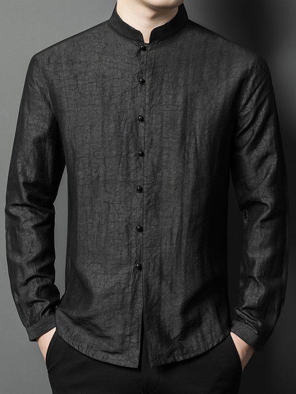 (image for) Men's Black Long Sleeve Mandarin Collar Silk Button-Up Shirt