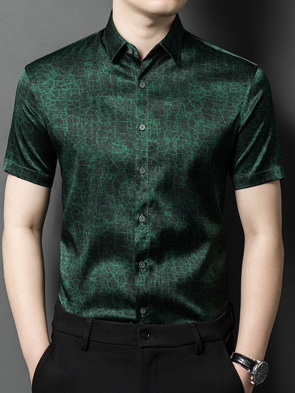 (image for) Men's Short Sleeve Cracked Marble Pattern Button-Up Silk Shirt