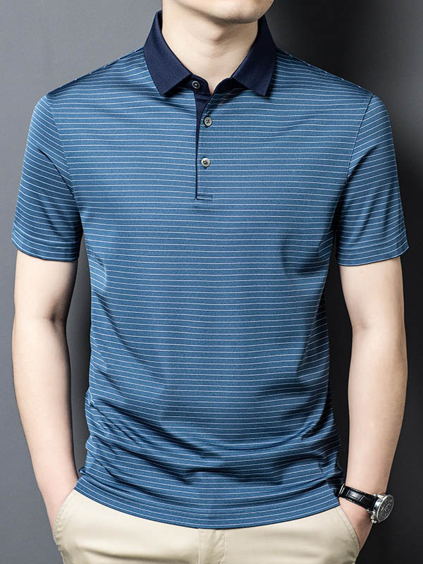 (image for) Men's Blue Striped Mulberry Silk Polo Shirt Contrast Navy Collar