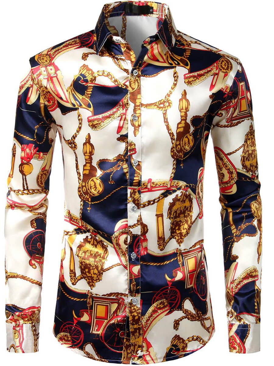 (image for) Mens Long Sleeve Button Down Silk Hawaiian Shirt