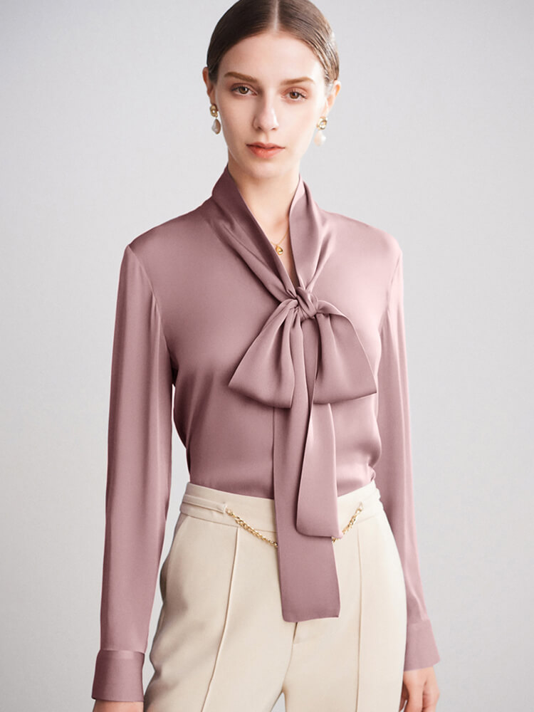 (image for) 22 Momme Feminine Tie Neck Women Long Sleeve Silk Blouse