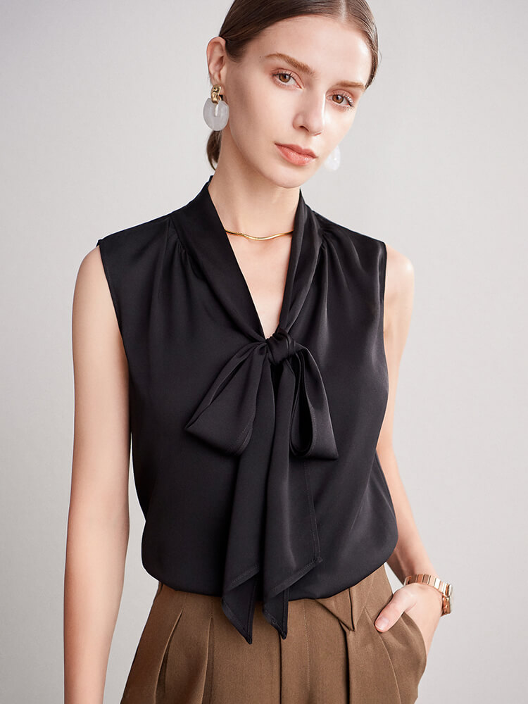 (image for) 22 Momme Women Feminine Tie Neck Sleeveless Silk Shirts