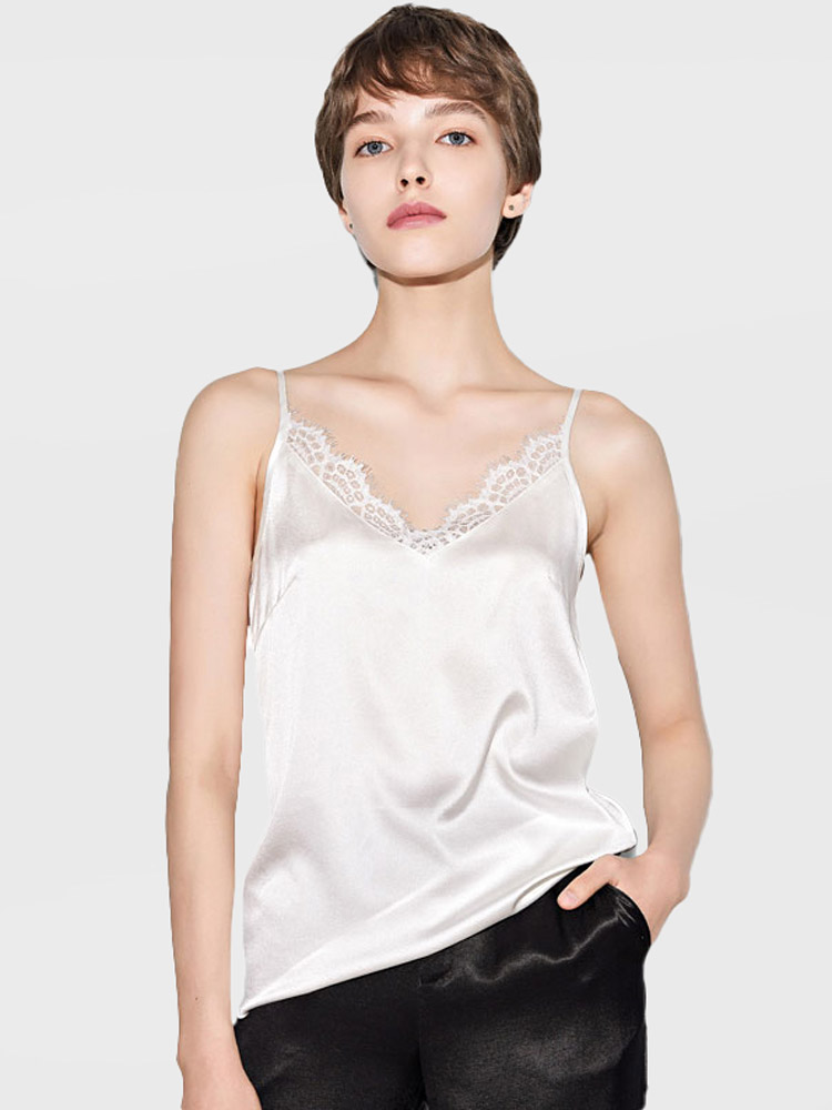 (image for) V-neck Silk Camisole with Lace Trim