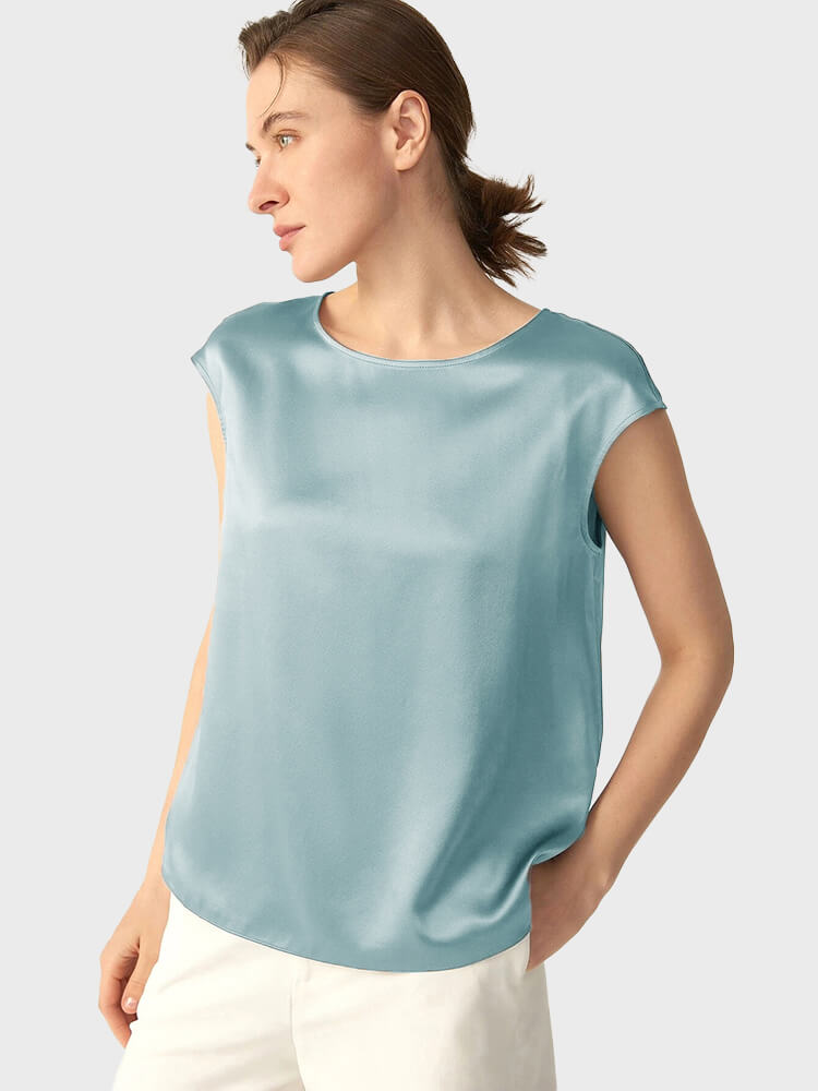 (image for) 22 Momme Womens Comfortable Causal Silk Shirts With Cap Sleeves