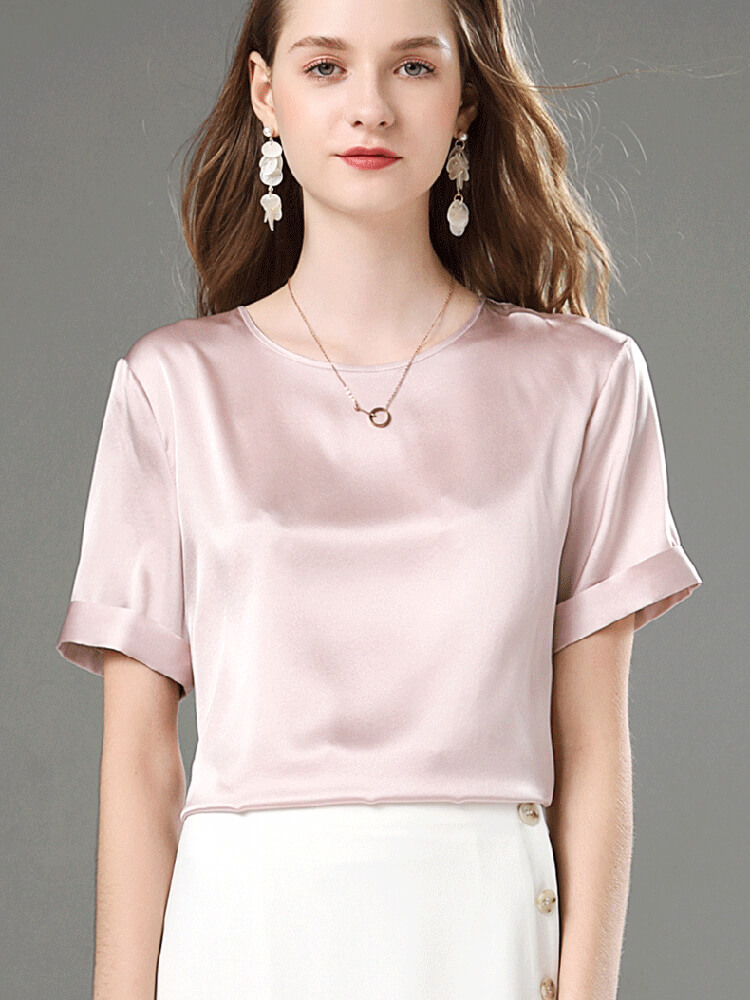 (image for) 22 Momme Womens Round Neck Silk Shirt With Chic Roll Up Sleeves