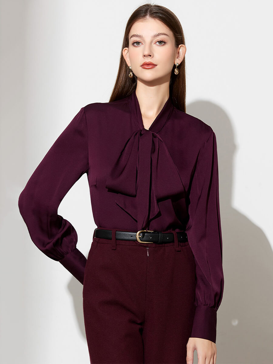 (image for) Stretchable Mulberry Silk Bow-Tie Long Sleeve Women Silk Blouse