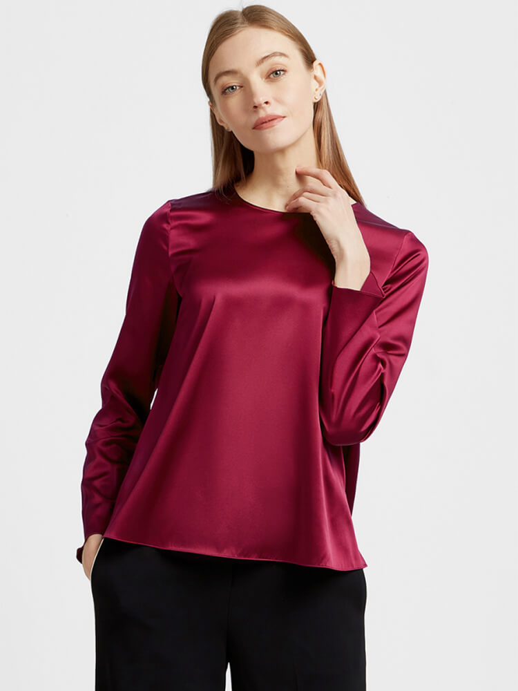 (image for) 22 Momme Womens Round Neck Pullover Long Sleeve Silk Blouse