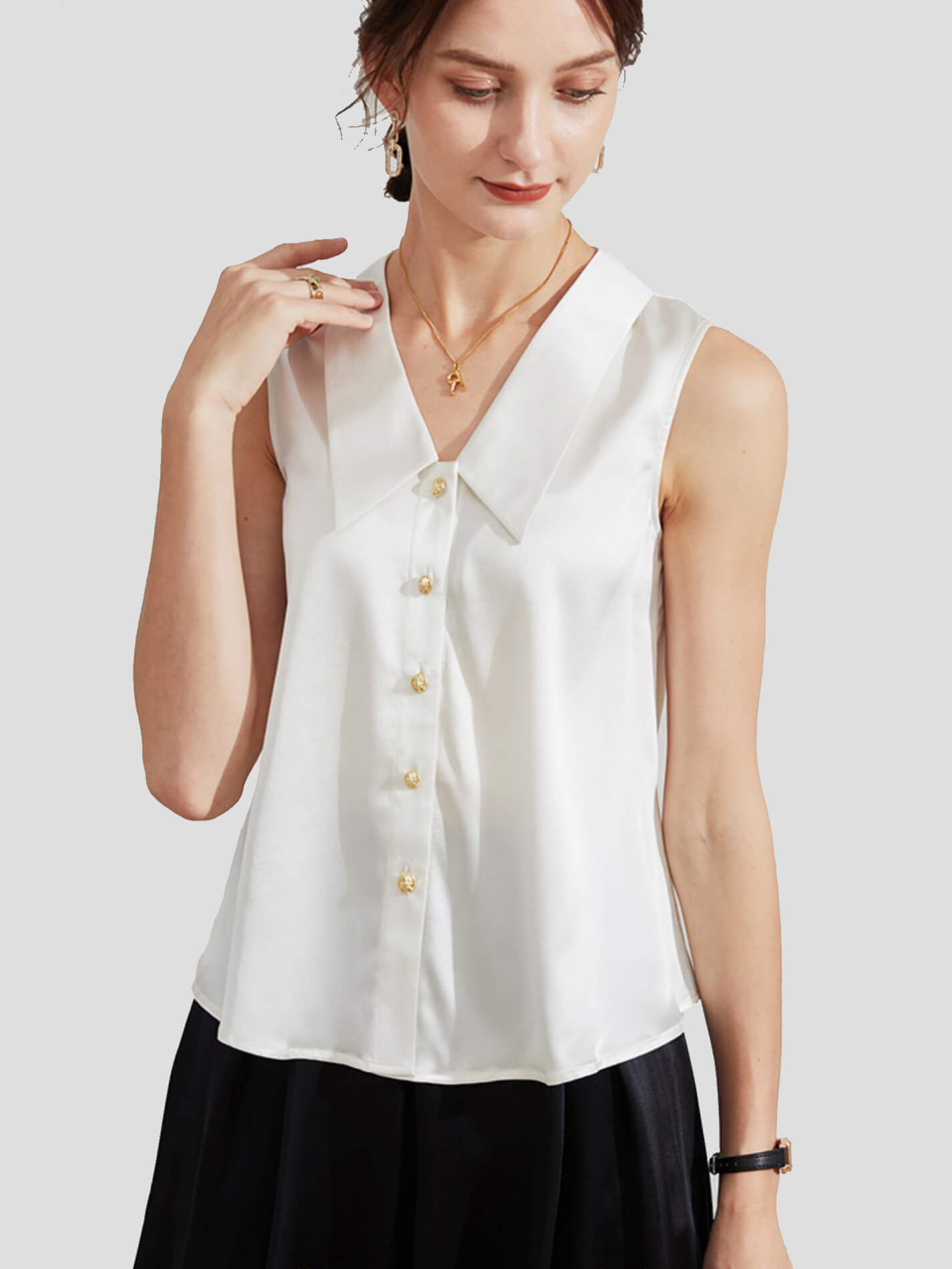 (image for) Women Sleeveless V-Neck Silk Shirt Blouse with Gold Buttons