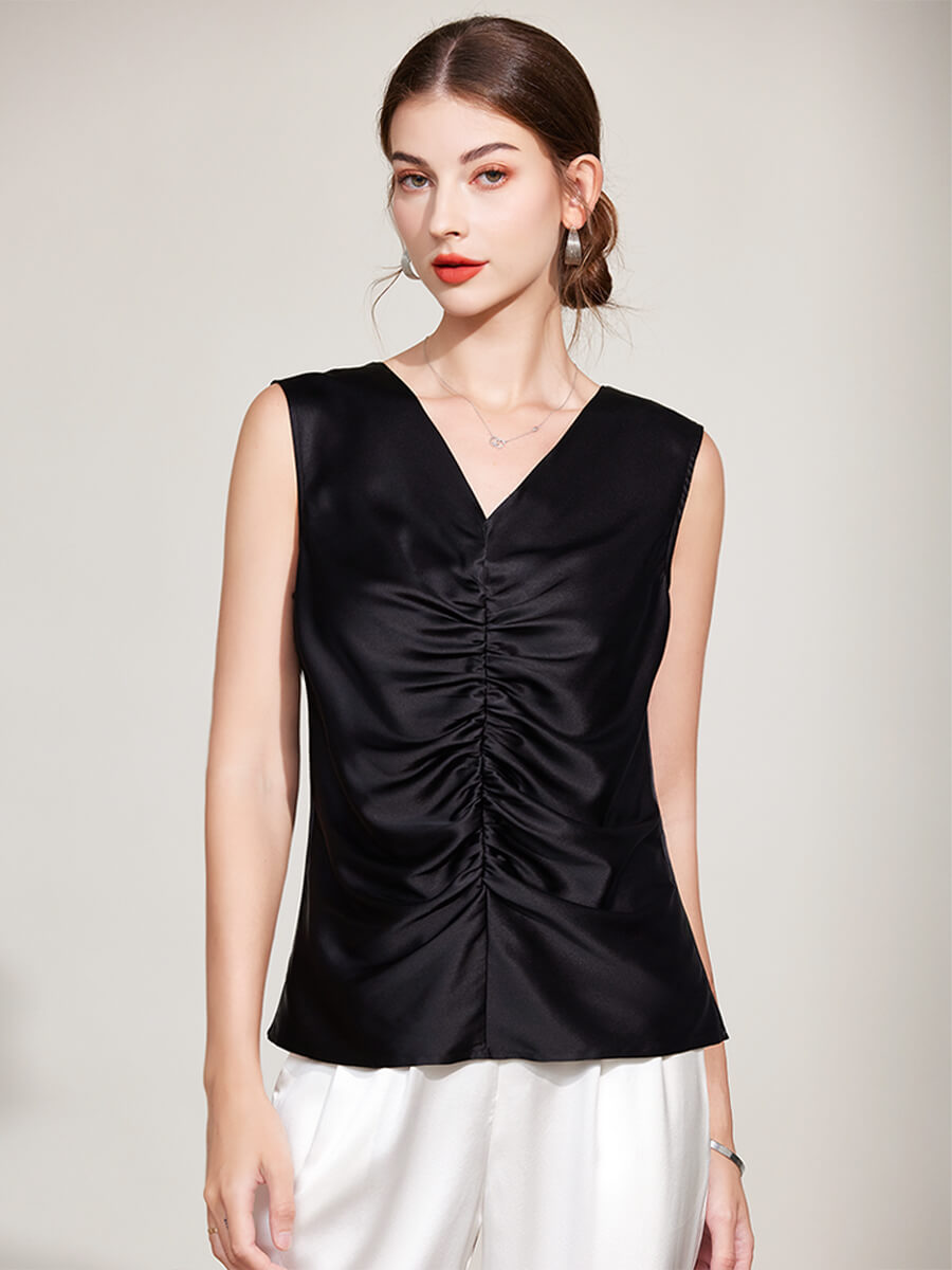 (image for) Women V-Neck Pleated Silk Tank Top