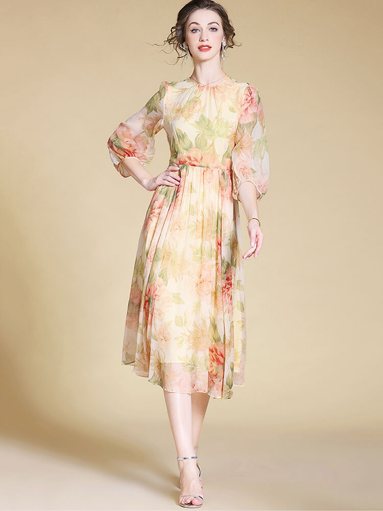 (image for) Light Yellow and Pink Floral Long Silk Fairy Dress