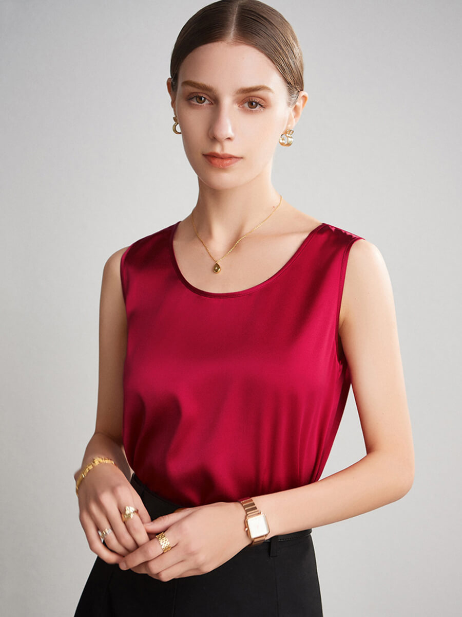 (image for) Women Sleeveless Basic Round Neck Silk Tank Top Shirt