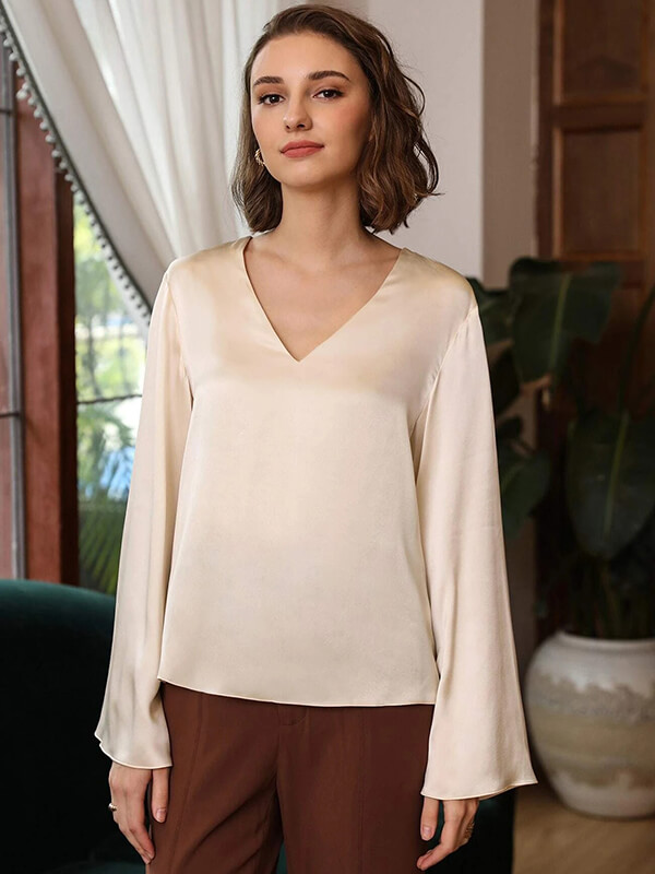 (image for) 22 Momme Womens Luxurious V-neck Long Bell Sleeves Silk Blouse