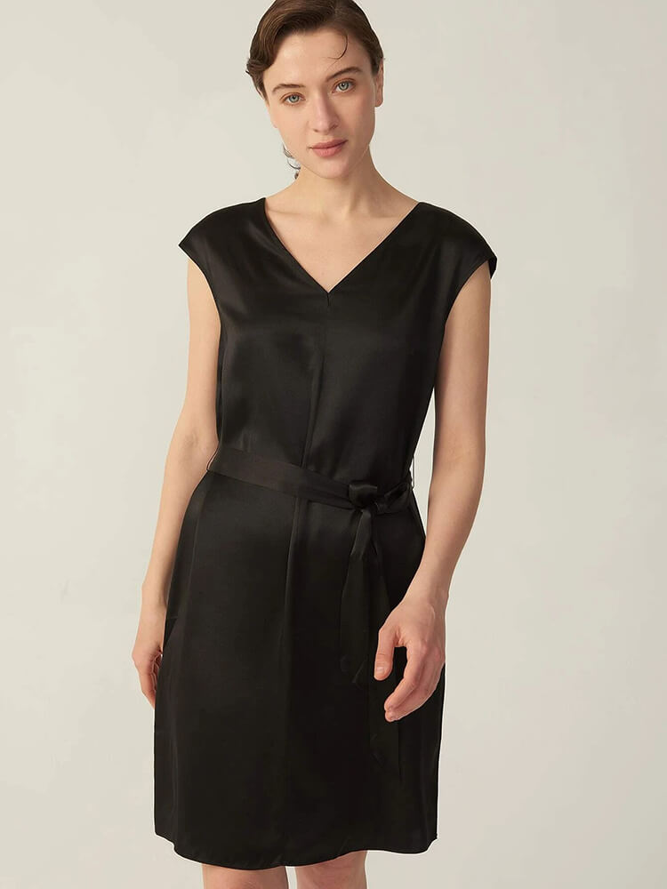 (image for) 22 Momme V Neck Short Silk Dress Wearable Front And Back