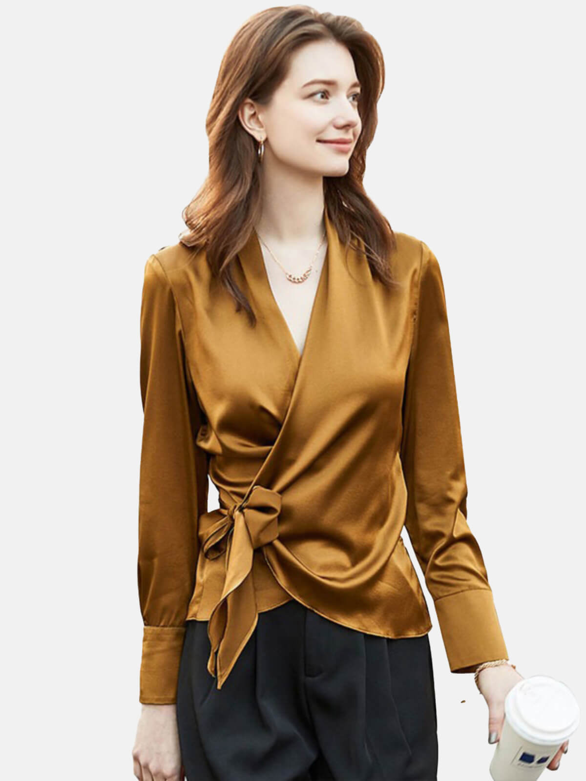 (image for) Chic Long Sleeved Silk Wrap Blouse with Side Tie