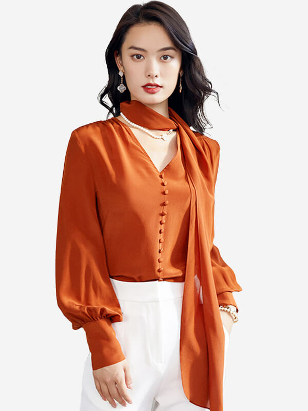 (image for) Womens V-Neck Long Sleeve Silk Blouse With Buttons