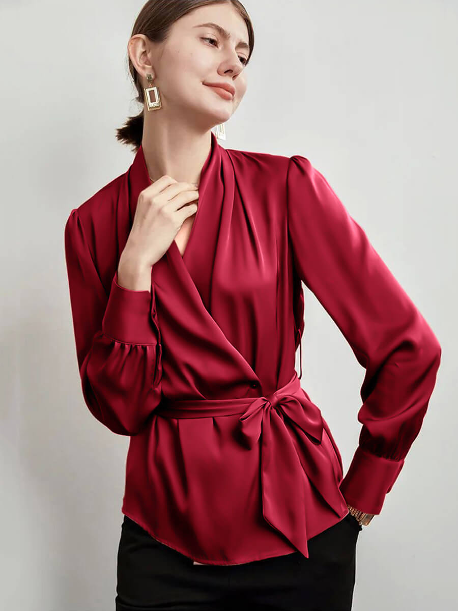 (image for) 22 Momme Women Long Sleeve Silk Wrap Blouse with Belt