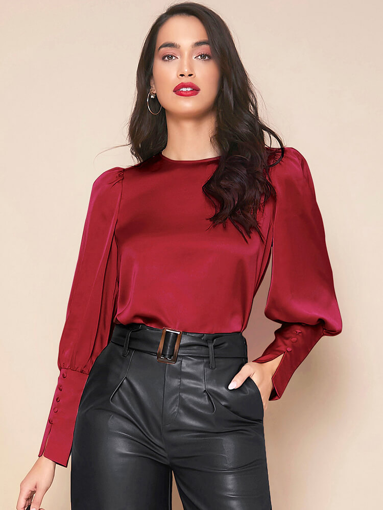(image for) 22 Momme Womens Stylish Pullover Silk Blouse With Lantern Sleeve