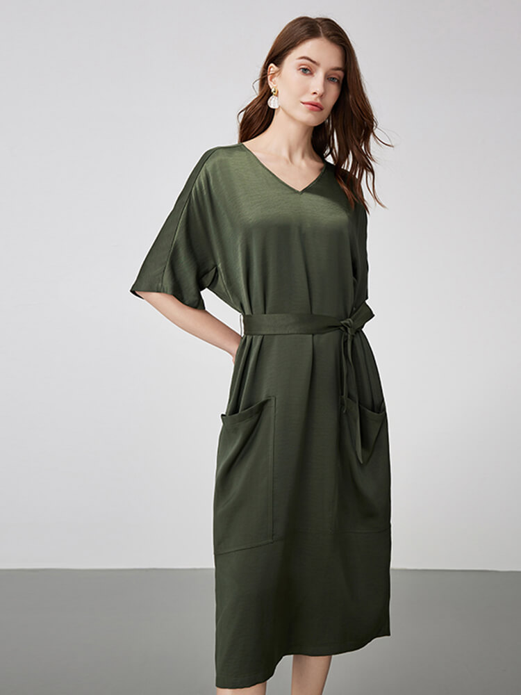 (image for) Relaxed V-Neck Silk Midi Dress with Waist Belt and Patch Pockets