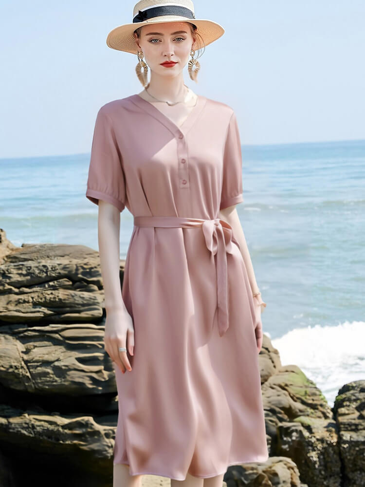 (image for) Elegant V-Neck Button-Front Silk Midi Dress with Waist Tie