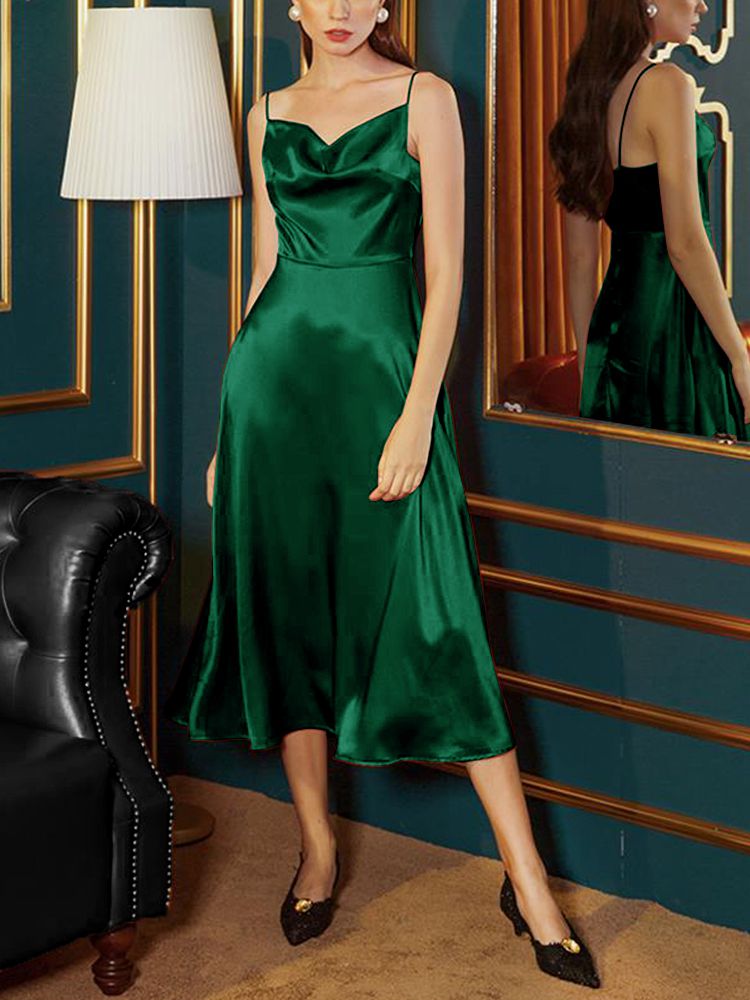 (image for) 22 Momme High Waist A-Line Mulberry Silk Cowl Neck Slip Dress