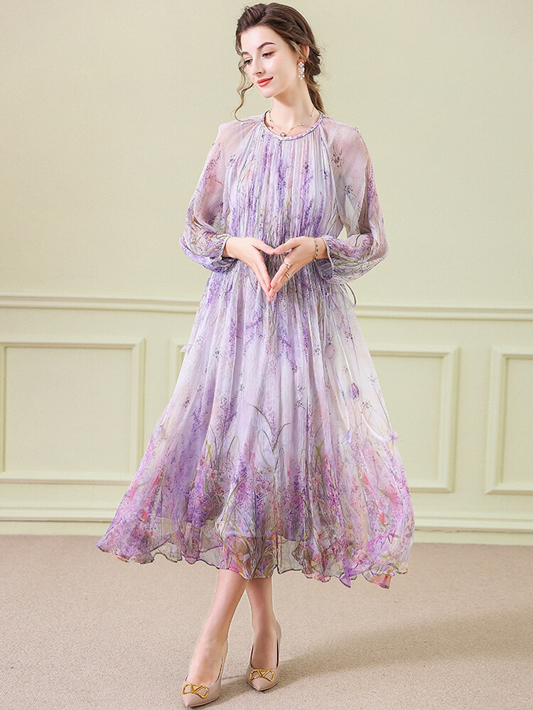 (image for) Purple Floral Graceful Long Sleeve Flowy Silk Dress