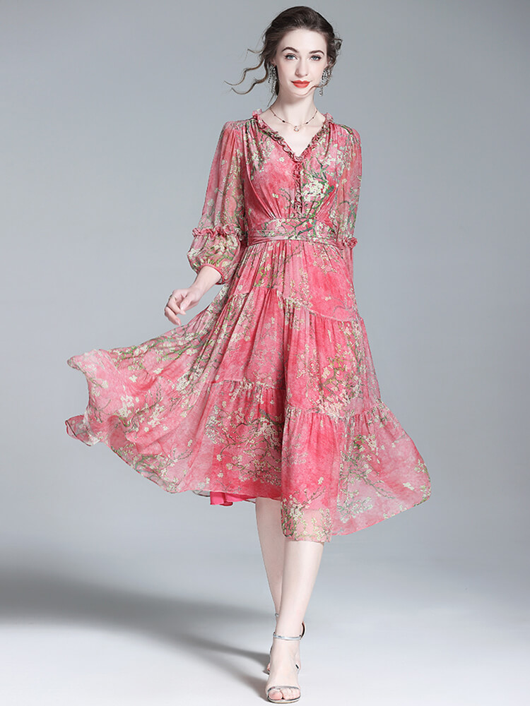 (image for) Rose Red Floral Ruffled Flowy Silk Summer Dress