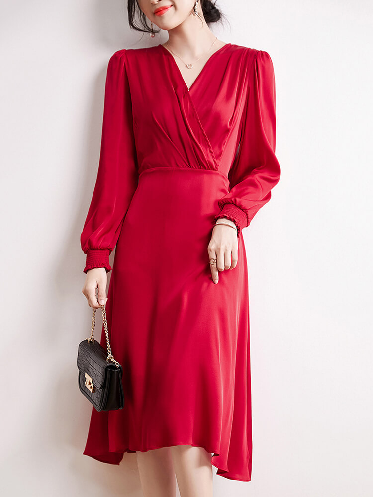 (image for) 22 Momme Womens Long Sleeve V Neck Silk Wrap Dress