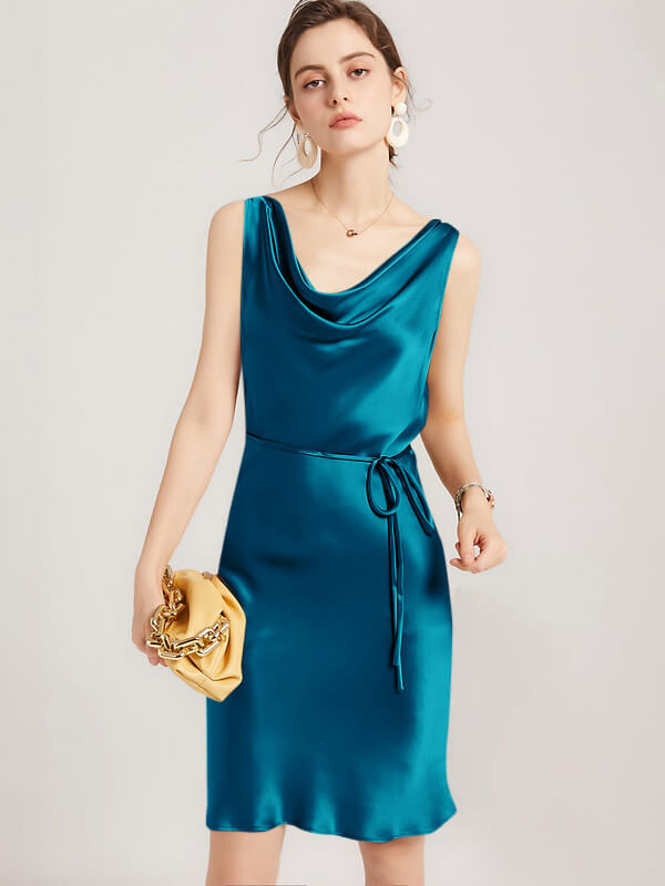 (image for) 22 Momme Sleeveless Silk Cowl Neck Short Dress