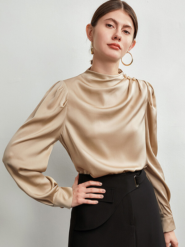 (image for) 22 Momme Womens Fashion Mock Neck Silk Blouse With Metal Buttons