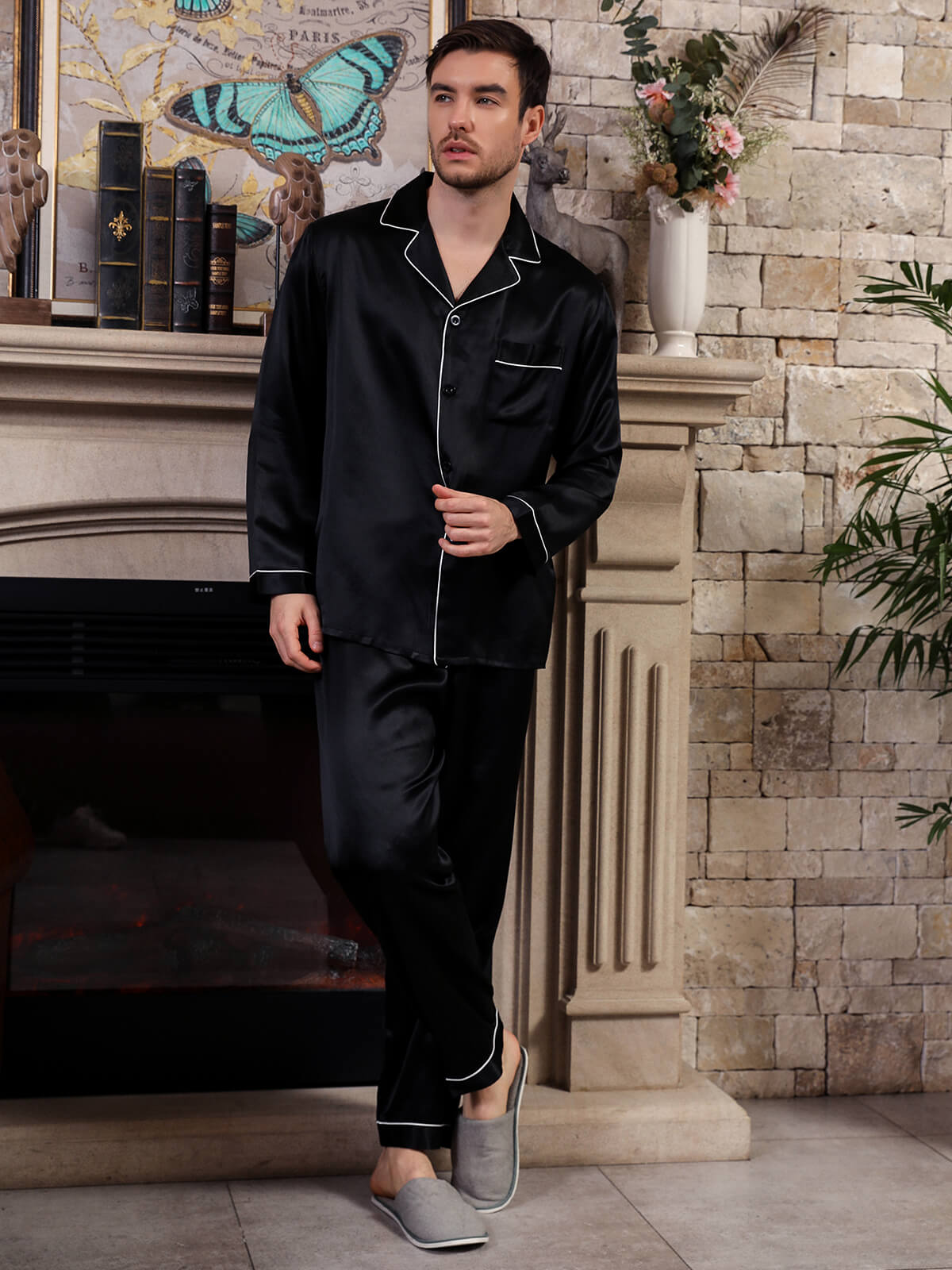 (image for) 22 Momme Men's Classic Long Sleeve Silk Pajama Set with Piping