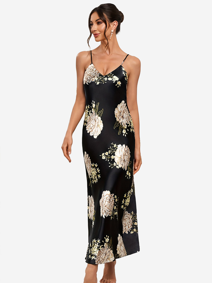 (image for) 22 Momme Spaghetti Strap Floral Long Silk Slip Nightgown