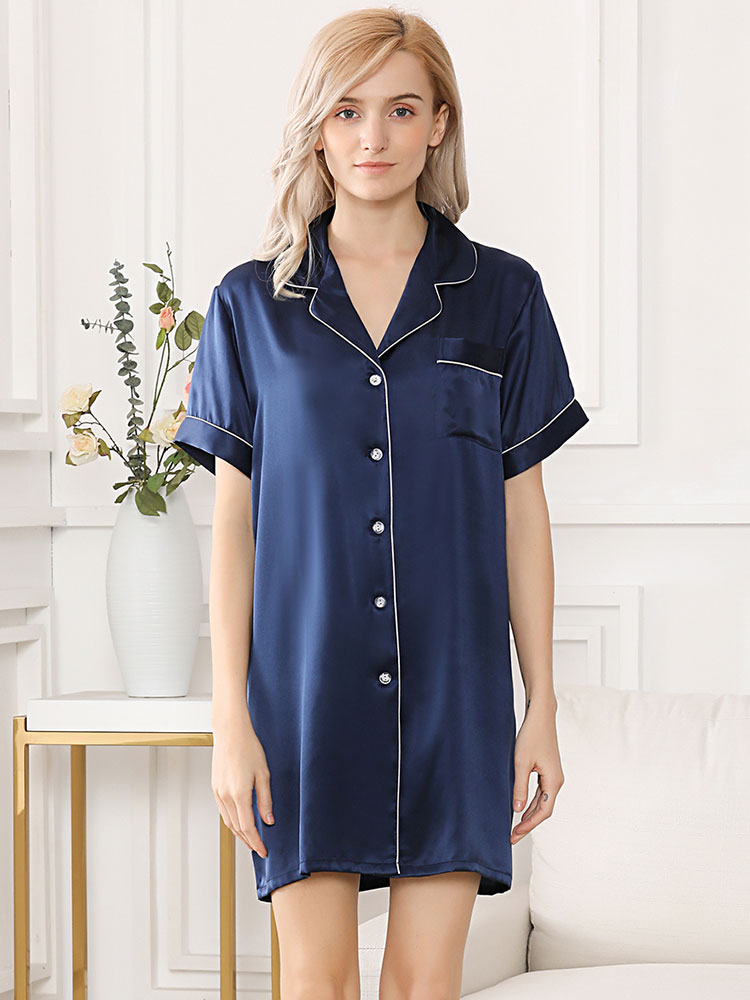 (image for) 22 Momme Women Short Sleeve Silk Nightshirt with Trimming