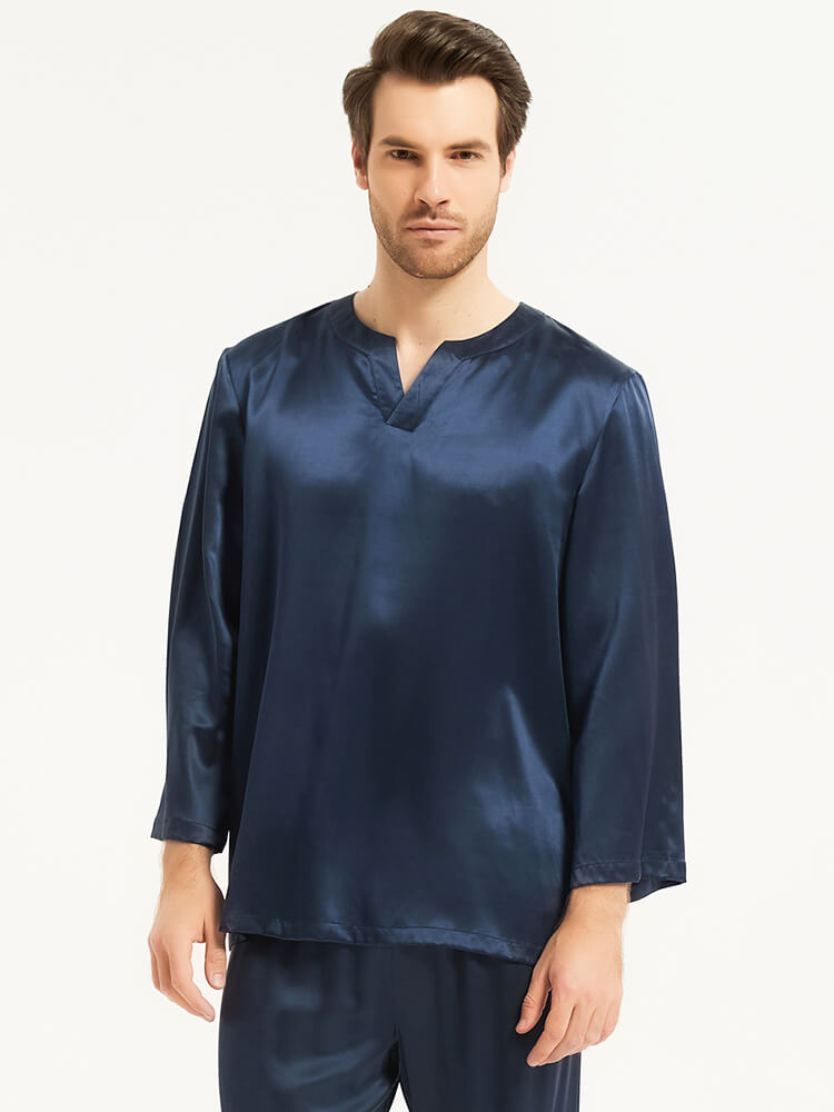 (image for) 19 Momme V Neck Pullover Long Sleeve Silk Pajamas For Men