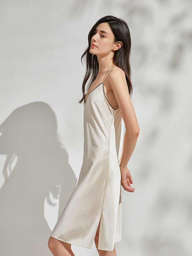 (image for) Cream White Silk Chemise Nightgown with Contrast Black Trim