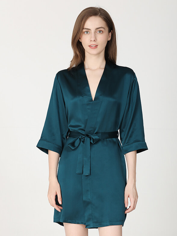 (image for) 22 Momme Short Silk Robe with Waist Tie for Women