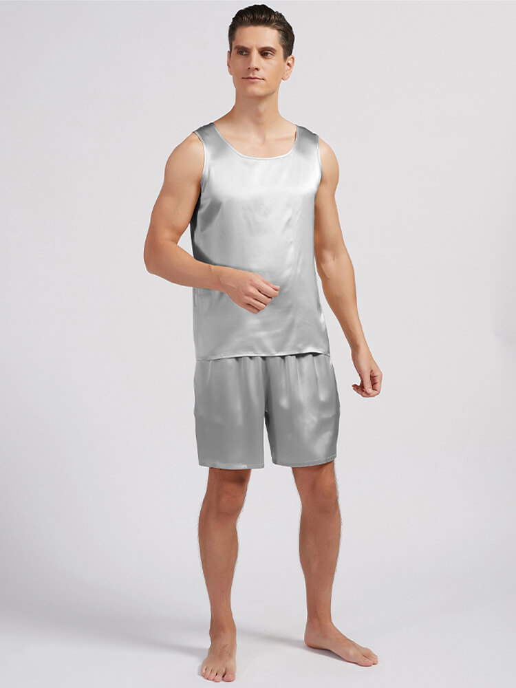 (image for) 19 Momme Silk Tank Top And Shorts Pajama Sets For Men