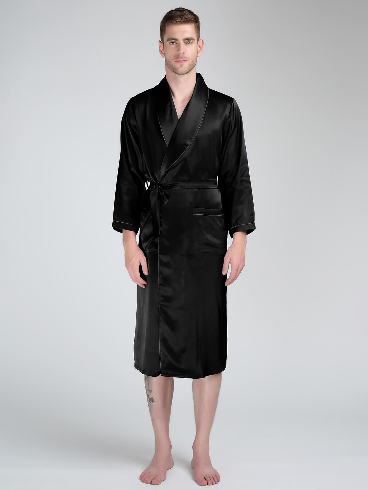 (image for) 22 Momme Men's Luxurious Shawl Collar Long Silk Robe with Pocket