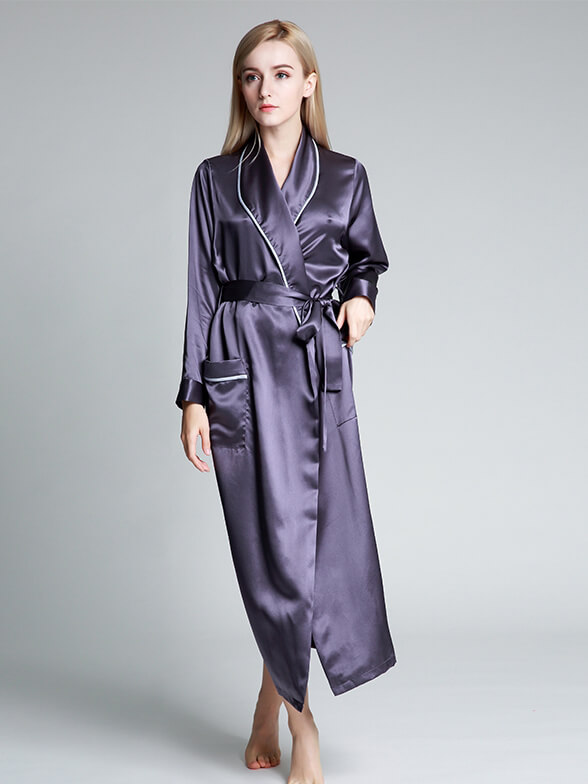 (image for) 22 Momme Luxurious Piped Long Silk Robe For Women