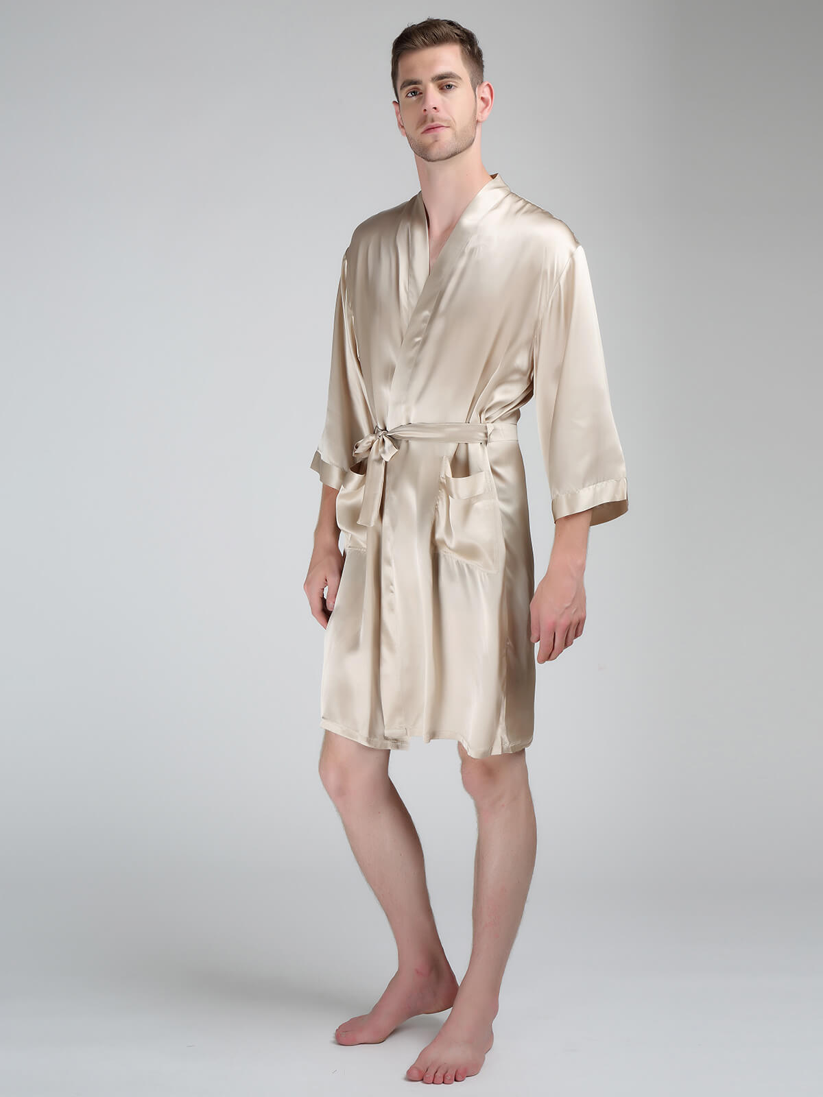(image for) 22 Momme Men's Classic Short Silk Robe with Belt and Pockets
