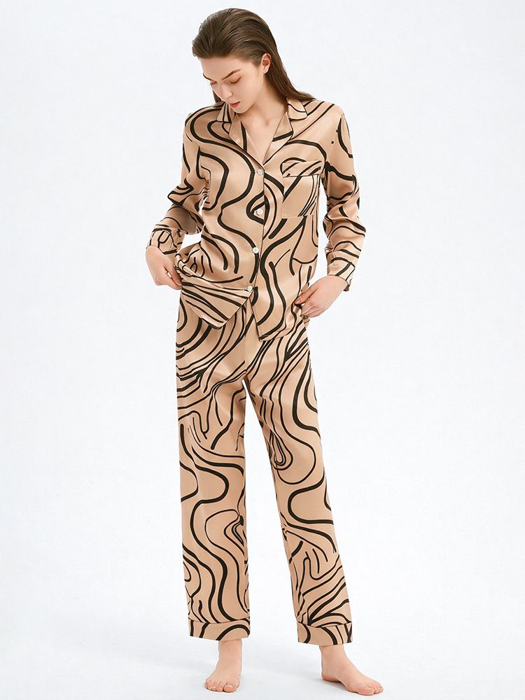 (image for) 22 Momme Champagne Gold Women Wave Pattern Long Silk Pajama Set