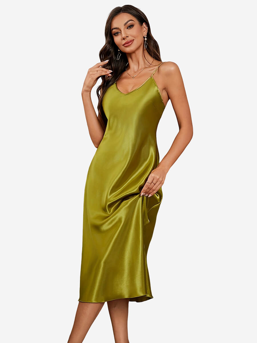 (image for) 22 Momme Women's Olive Green Long Silk Slip Nightgown 2025 New