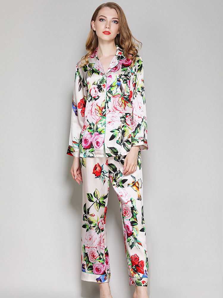 (image for) 19 Momme Ivory Floral Printed Women Silk Pajama Set